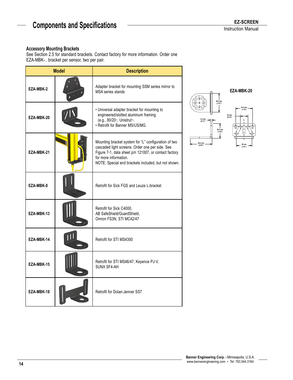 Overview, Components and specifications, Accessory mounting brackets | Ez-screen instruction manual | Banner EZ-SCREEN­ Safety Light Curtain Systems User Manual | Page 16 / 74