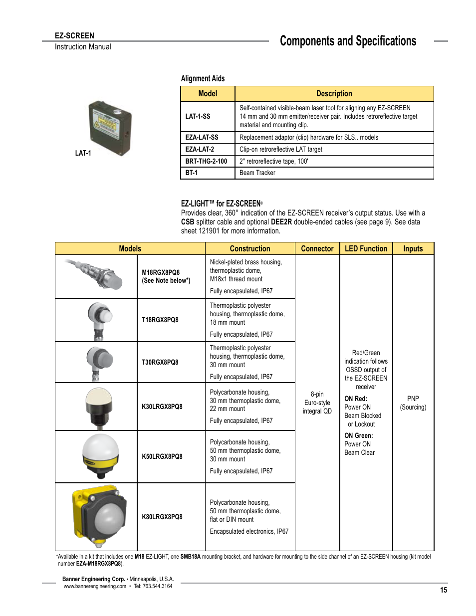 Overview, Components and specifications, Alignment aids ez-light™ for ez-screen | Banner EZ-SCREEN­ Safety Light Curtain Systems User Manual | Page 17 / 74