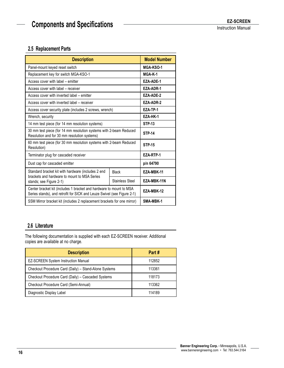 Overview, Components and specifications, 6 literature | 5 replacement parts | Banner EZ-SCREEN­ Safety Light Curtain Systems User Manual | Page 18 / 74
