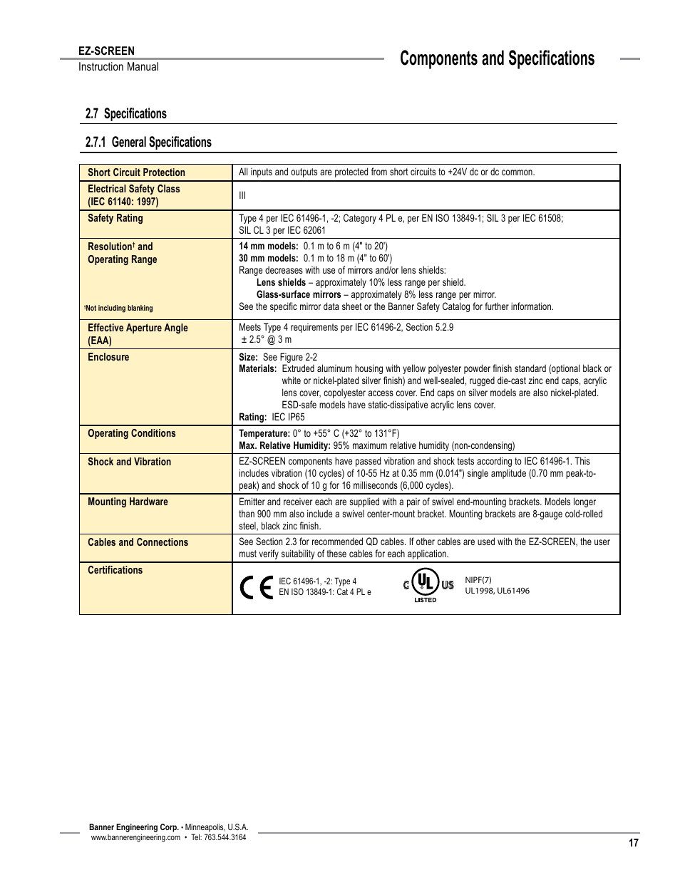 Overview, Components and specifications, 7 specifications 2.7.1 general specifications | Banner EZ-SCREEN­ Safety Light Curtain Systems User Manual | Page 19 / 74