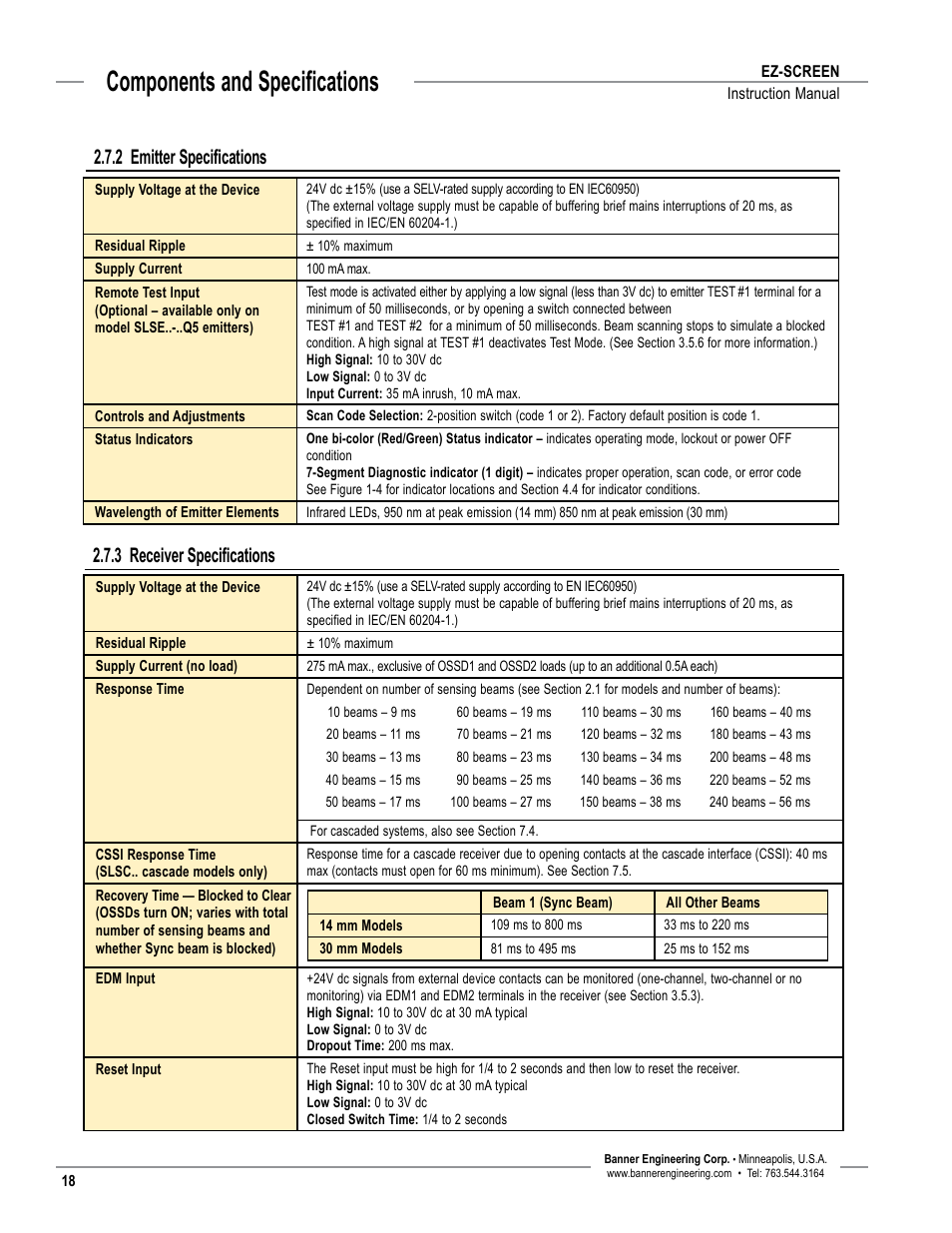 Overview, Components and specifications, 3 receiver specifications | 2 emitter specifications | Banner EZ-SCREEN­ Safety Light Curtain Systems User Manual | Page 20 / 74
