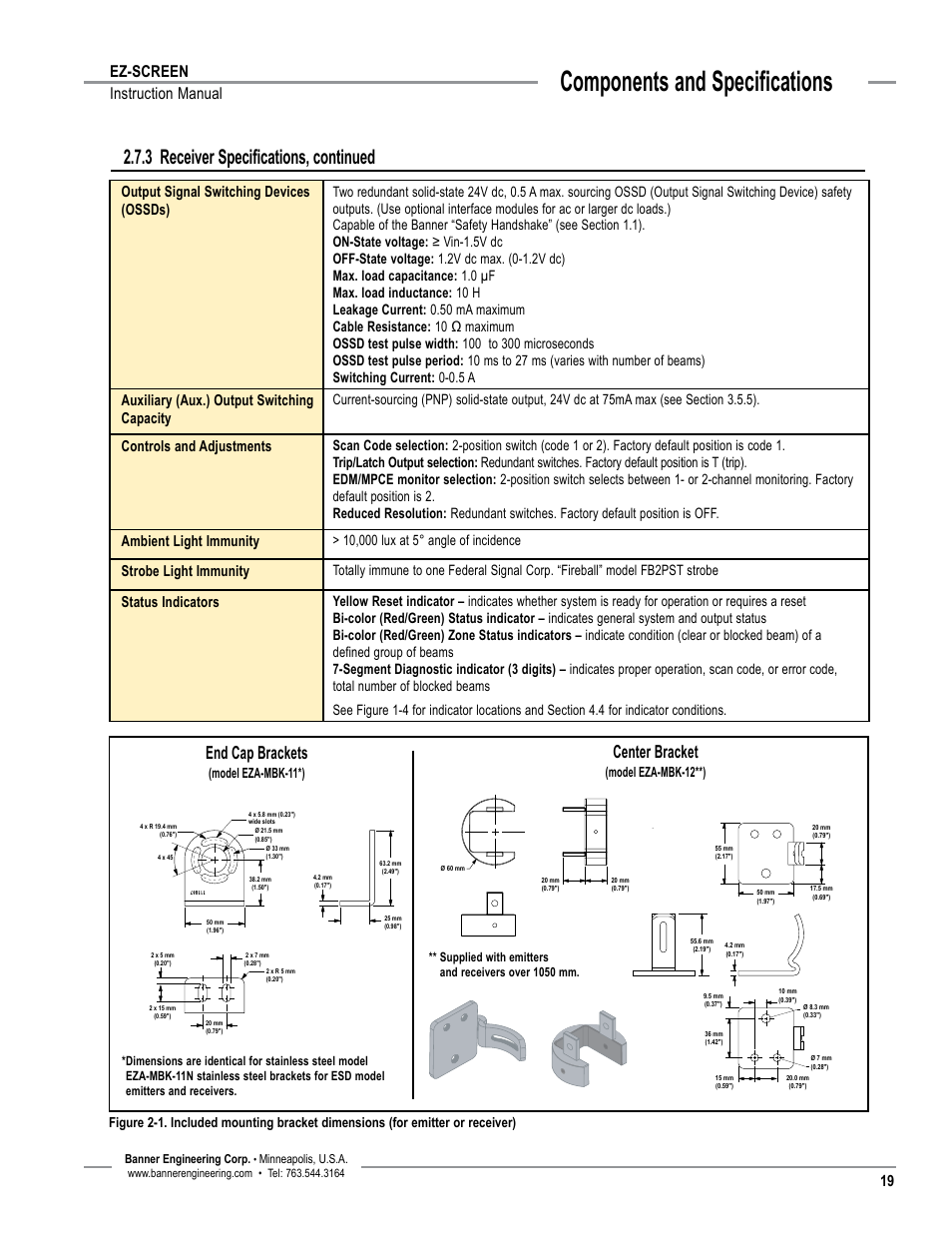 Overview, Components and specifications, 3 receiver specifications, continued | End cap brackets, Center bracket, Ez-screen instruction manual, Output signal switching devices (ossds), Auxiliary (aux.) output switching capacity, Controls and adjustments, Ambient light immunity | Banner EZ-SCREEN Safety Light Curtain Systems User Manual | Page 21 / 74