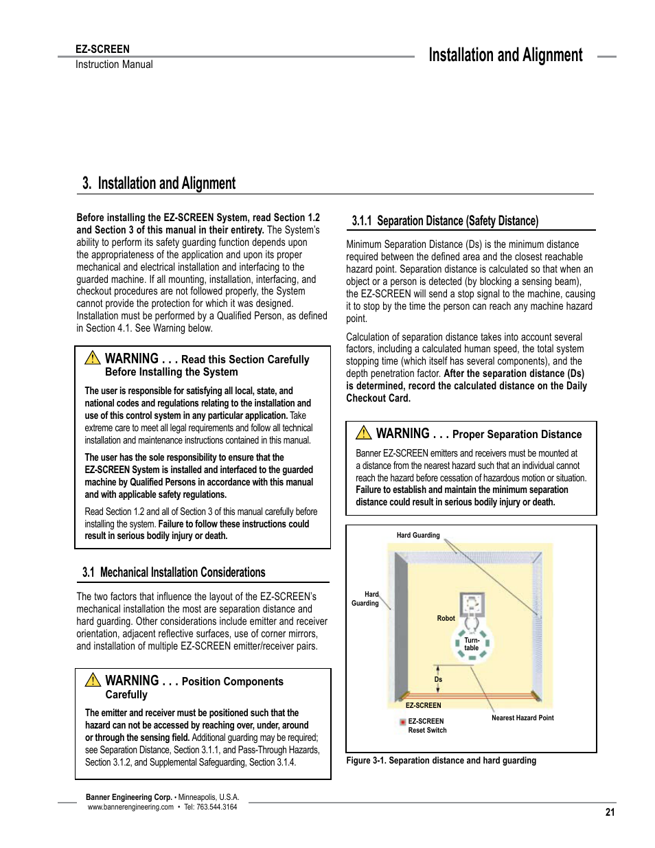 Overview, Installation and alignment, 1 separation distance (safety distance) | 1 mechanical installation considerations, Warning | Banner EZ-SCREEN­ Safety Light Curtain Systems User Manual | Page 23 / 74