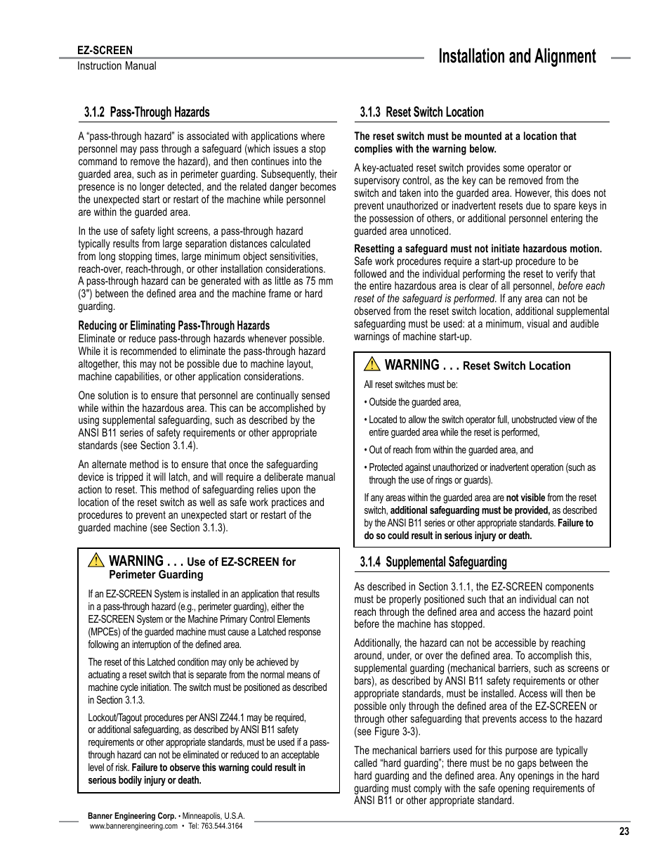 Overview, Installation and alignment, 3 reset switch location | 2 pass-through hazards, 4 supplemental safeguarding, Warning | Banner EZ-SCREEN­ Safety Light Curtain Systems User Manual | Page 25 / 74