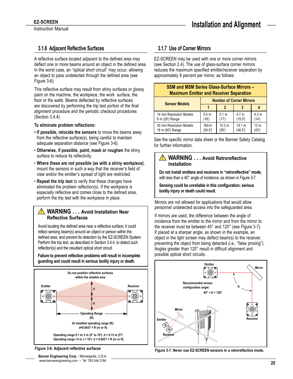Overview, Installation and alignment, 7 use of corner mirrors | 6 adjacent reflective surfaces, Warning | Banner EZ-SCREEN­ Safety Light Curtain Systems User Manual | Page 27 / 74