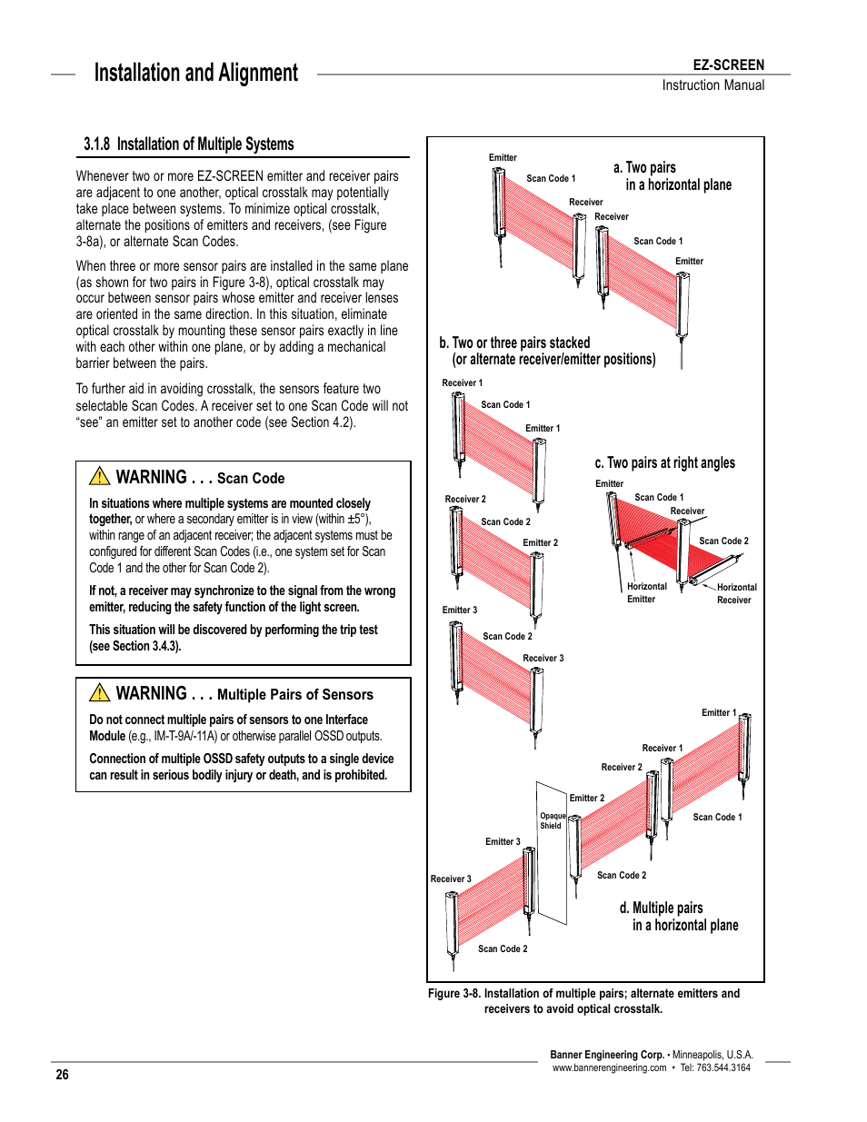 Overview, Installation and alignment, 8 installation of multiple systems | Warning | Banner EZ-SCREEN­ Safety Light Curtain Systems User Manual | Page 28 / 74