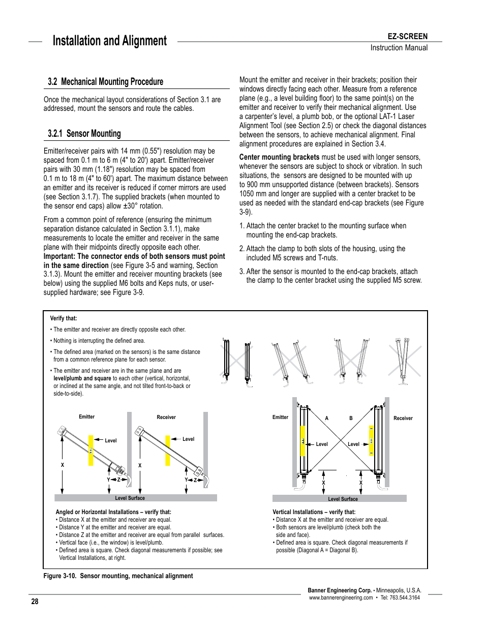 Overview, Installation and alignment, 2 mechanical mounting procedure | 1 sensor mounting | Banner EZ-SCREEN­ Safety Light Curtain Systems User Manual | Page 30 / 74
