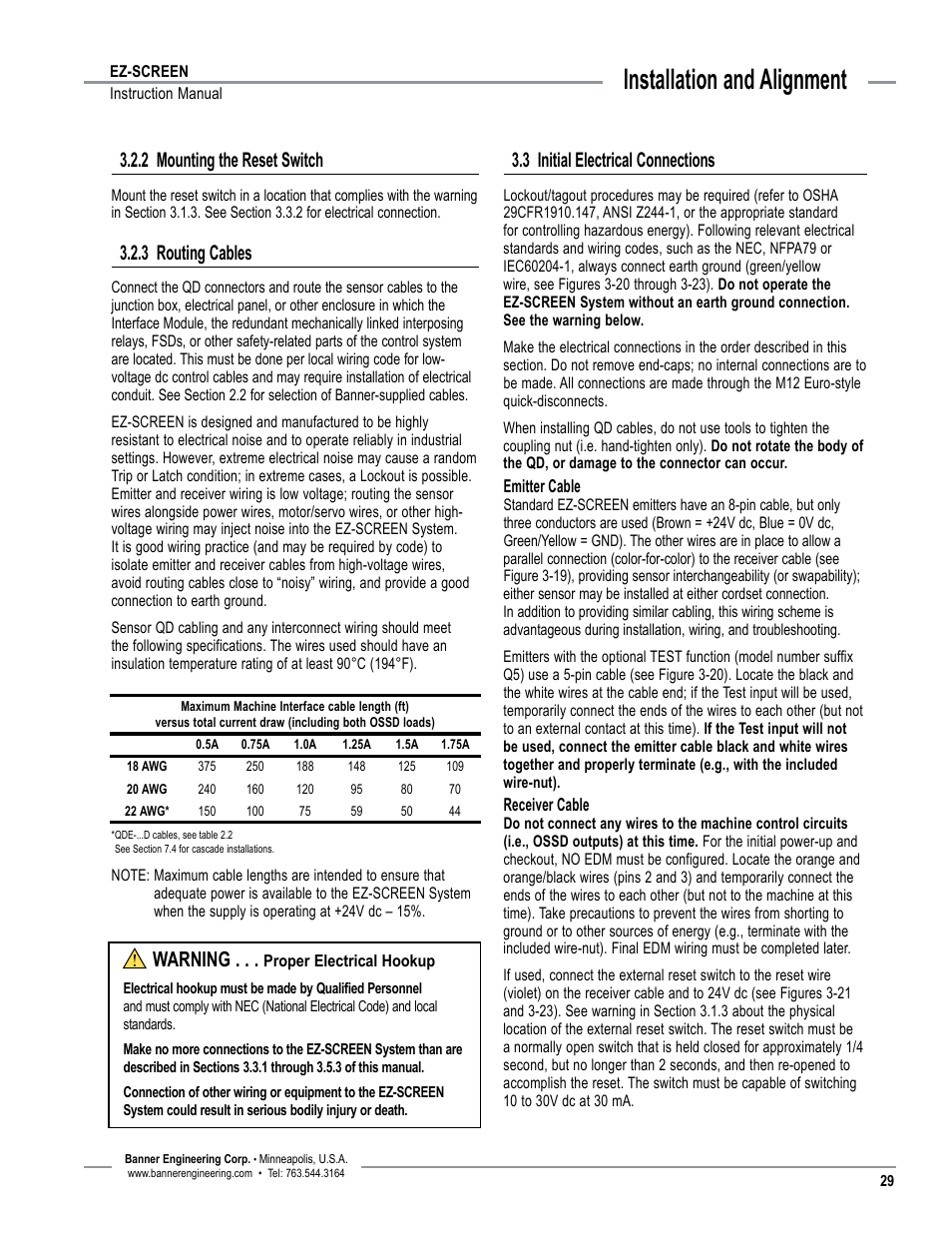 Overview, Installation and alignment, 2 mounting the reset switch | 3 routing cables, 3 initial electrical connections, Warning | Banner EZ-SCREEN­ Safety Light Curtain Systems User Manual | Page 31 / 74