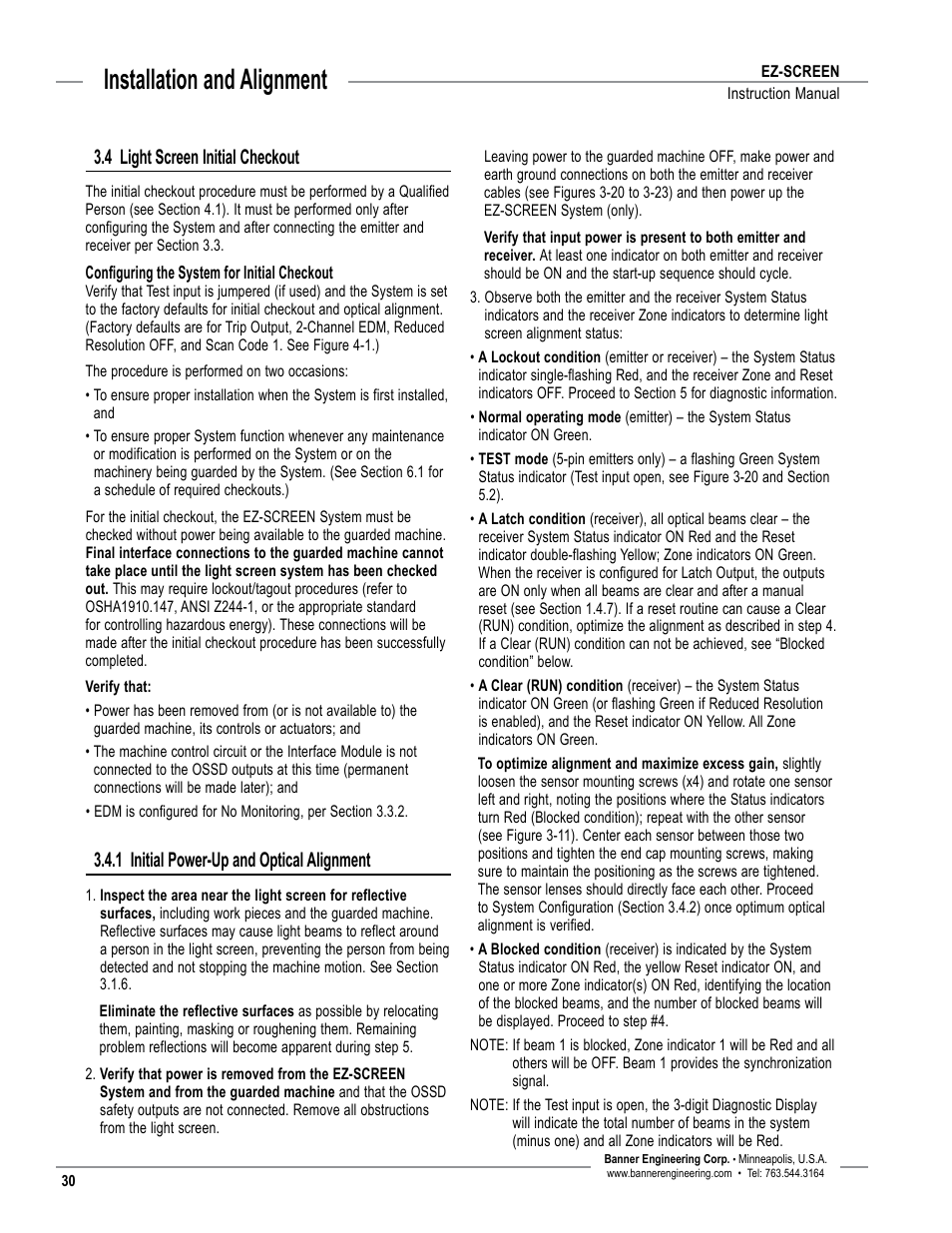Overview, Installation and alignment, 4 light screen initial checkout | 1 initial power-up and optical alignment | Banner EZ-SCREEN­ Safety Light Curtain Systems User Manual | Page 32 / 74