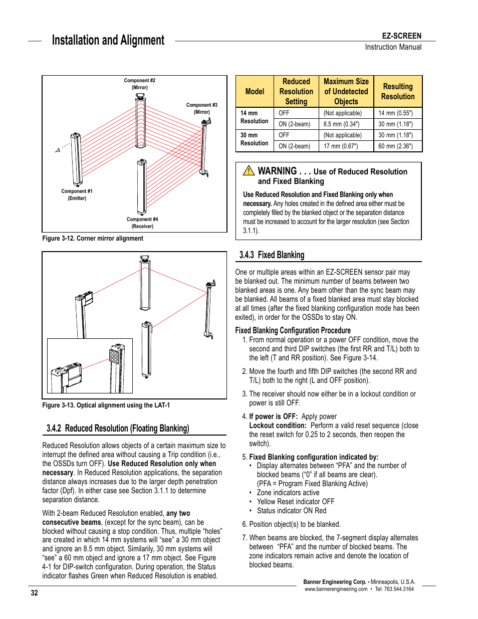 Overview, Installation and alignment, 2 reduced resolution (floating blanking) | 3 fixed blanking, Warning | Banner EZ-SCREEN­ Safety Light Curtain Systems User Manual | Page 34 / 74