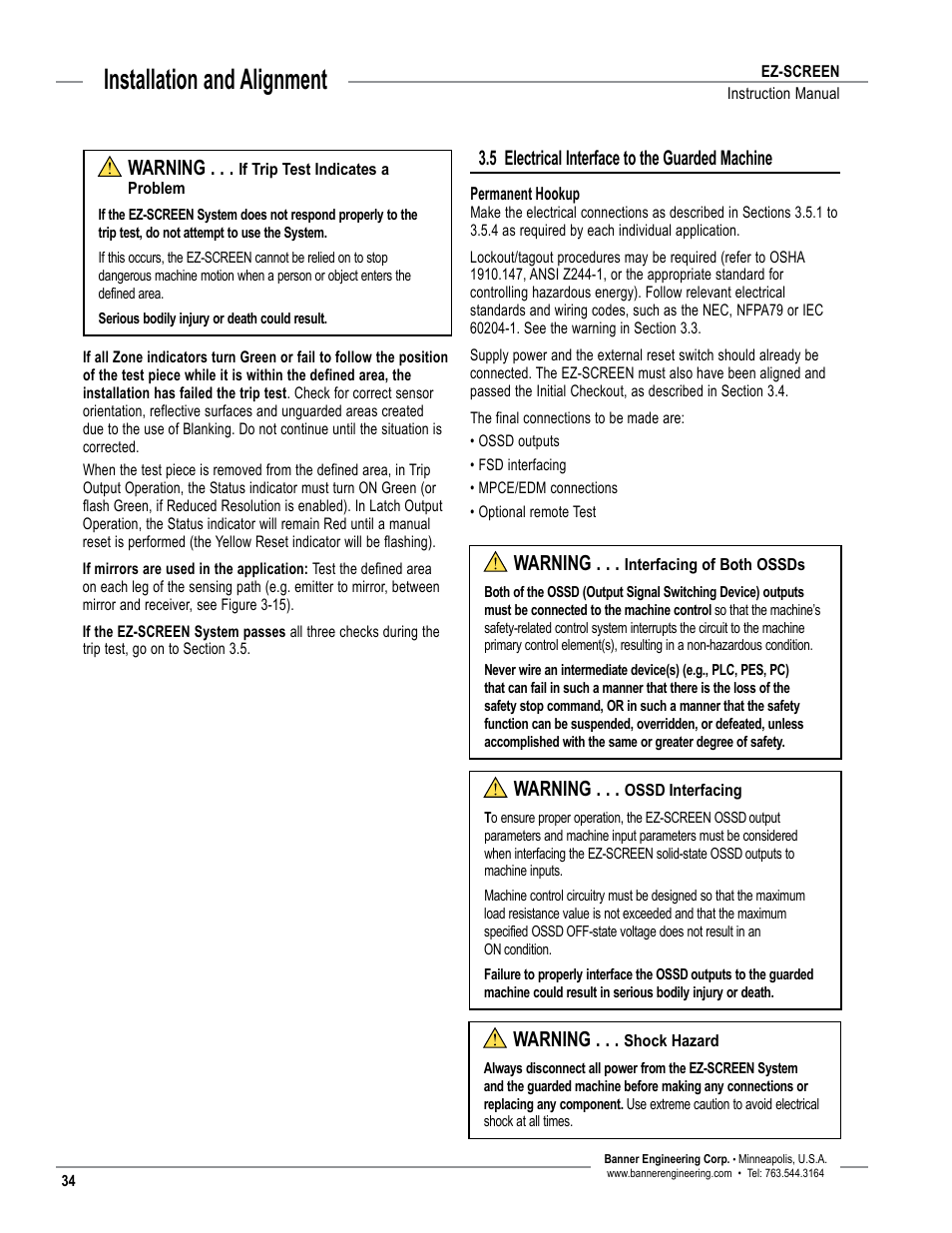 Overview, Installation and alignment, 5 electrical interface to the guarded machine | Warning | Banner EZ-SCREEN­ Safety Light Curtain Systems User Manual | Page 36 / 74