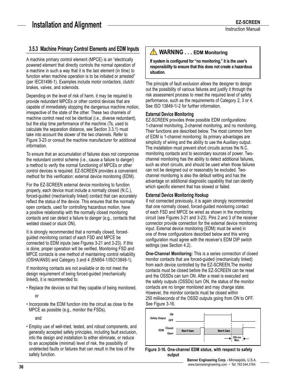 Overview, Installation and alignment, 3 machine primary control elements and edm inputs | Warning | Banner EZ-SCREEN­ Safety Light Curtain Systems User Manual | Page 38 / 74
