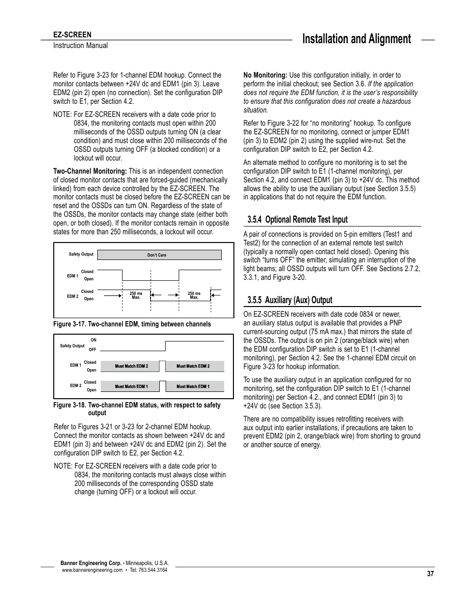 Overview, Installation and alignment, 4 optional remote test input | 5 auxiliary (aux) output | Banner EZ-SCREEN­ Safety Light Curtain Systems User Manual | Page 39 / 74