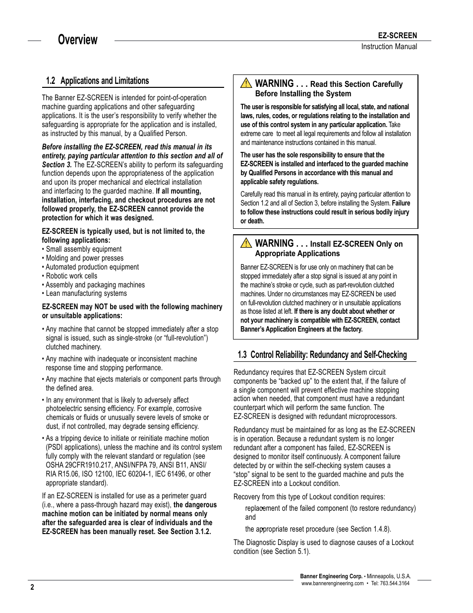 Overview, 2 applications and limitations, Warning | Banner EZ-SCREEN­ Safety Light Curtain Systems User Manual | Page 4 / 74