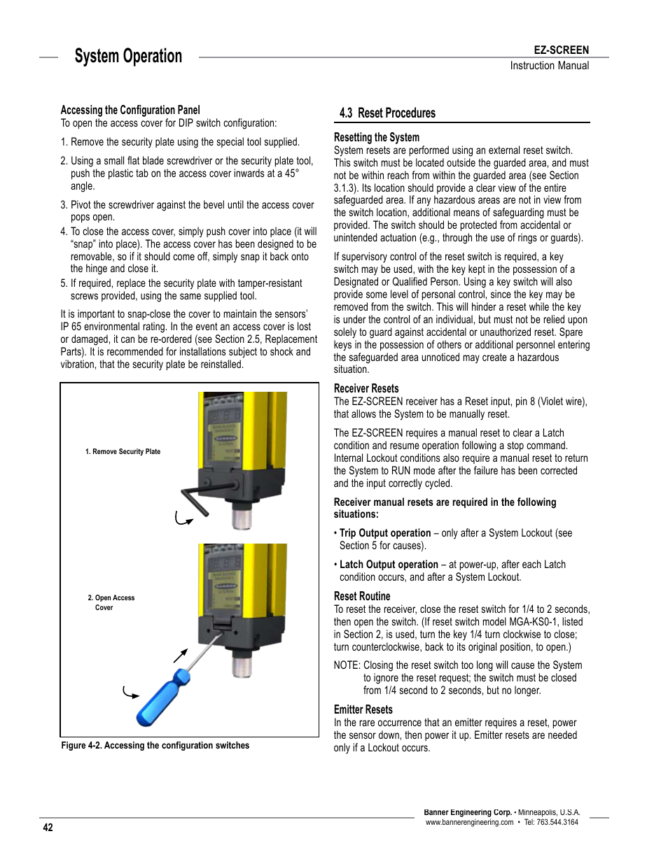 Overview, System operation, 3 reset procedures | Banner EZ-SCREEN­ Safety Light Curtain Systems User Manual | Page 44 / 74
