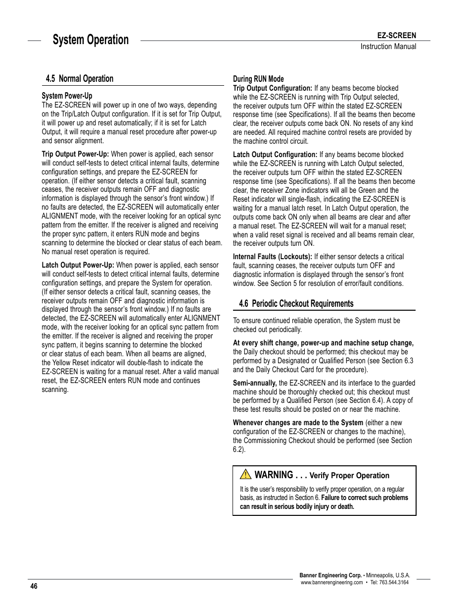 Overview, System operation, 6 periodic checkout requirements | 5 normal operation, Warning | Banner EZ-SCREEN­ Safety Light Curtain Systems User Manual | Page 48 / 74