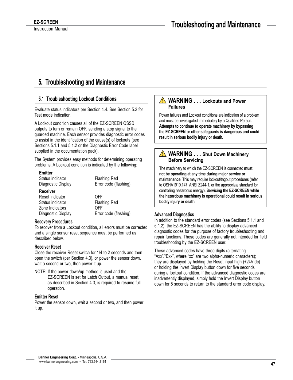 Overview, Troubleshooting and maintenance, 1 troubleshooting lockout conditions | Warning | Banner EZ-SCREEN­ Safety Light Curtain Systems User Manual | Page 49 / 74
