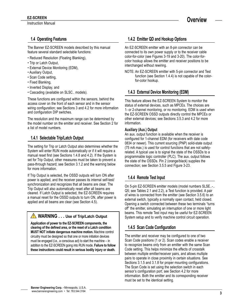 Overview, 4 operating features, 1 selectable trip/latch output | 2 emitter qd and hookup options, 3 external device monitoring (edm), 4 remote test input, 5 scan code configuration, Warning | Banner EZ-SCREEN­ Safety Light Curtain Systems User Manual | Page 5 / 74