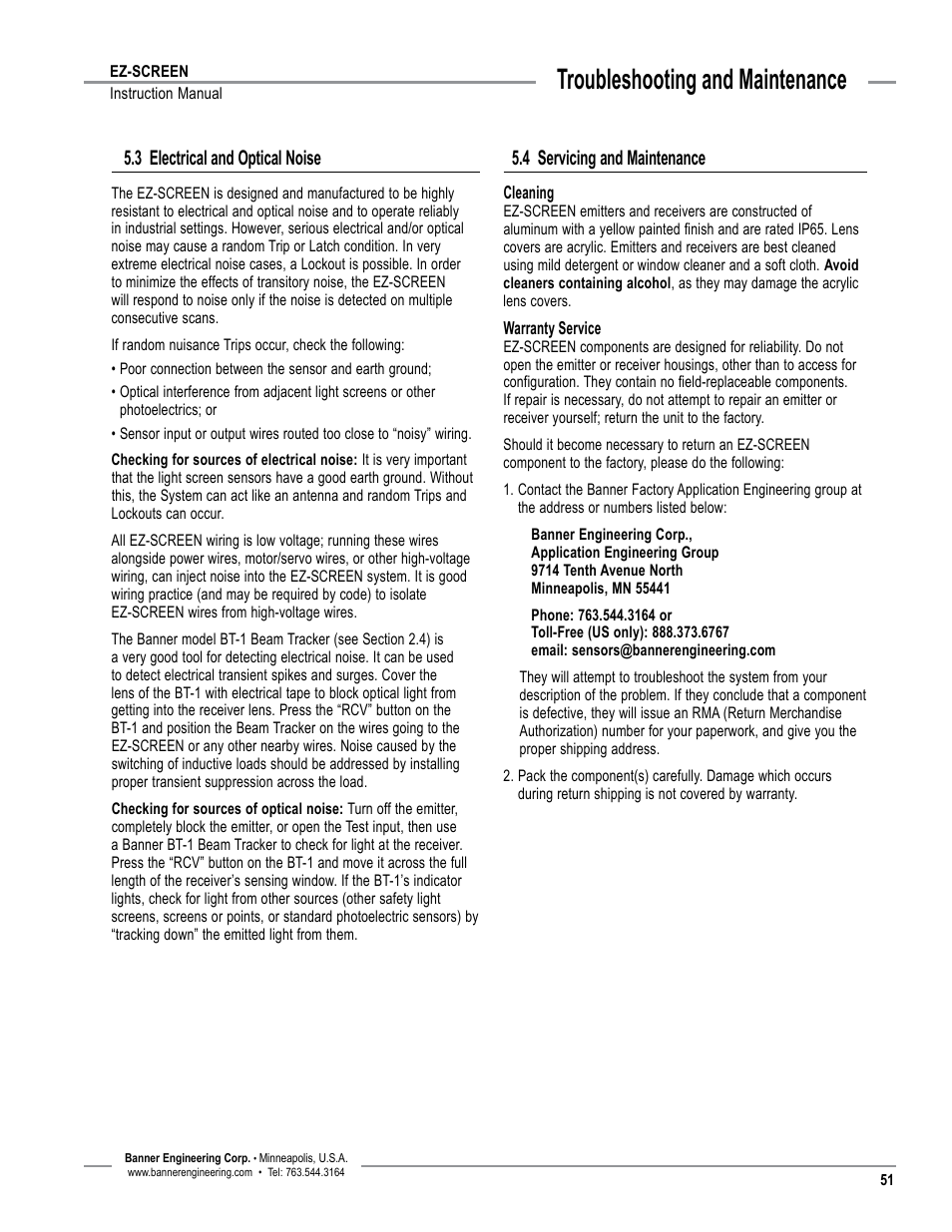 Overview, Troubleshooting and maintenance, 3 electrical and optical noise | 4 servicing and maintenance | Banner EZ-SCREEN­ Safety Light Curtain Systems User Manual | Page 53 / 74