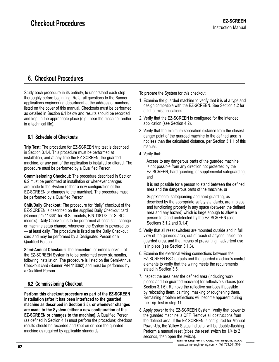 Overview, Checkout procedures, 1 schedule of checkouts | 2 commissioning checkout | Banner EZ-SCREEN­ Safety Light Curtain Systems User Manual | Page 54 / 74