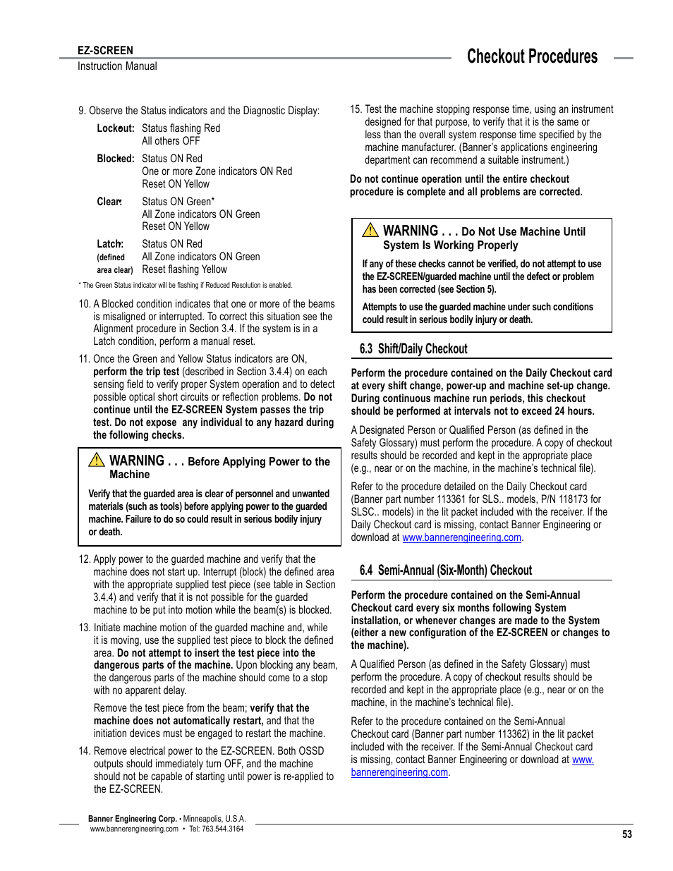 Overview, Checkout procedures, 3 shift/daily checkout | 4 semi-annual (six-month) checkout, Warning | Banner EZ-SCREEN­ Safety Light Curtain Systems User Manual | Page 55 / 74