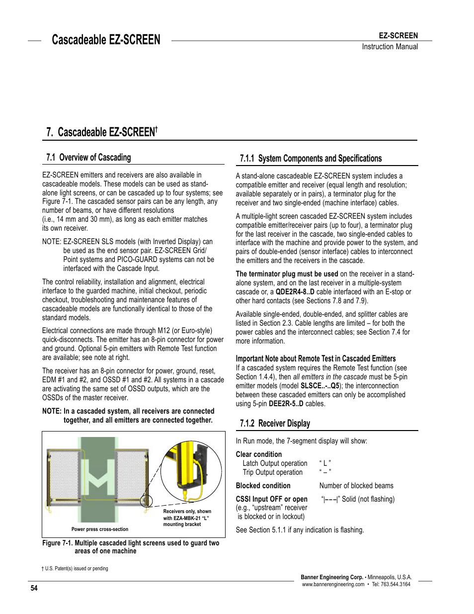 Overview, Cascadeable ez-screen, 1 overview of cascading | 1 system components and specifications, 2 receiver display | Banner EZ-SCREEN­ Safety Light Curtain Systems User Manual | Page 56 / 74