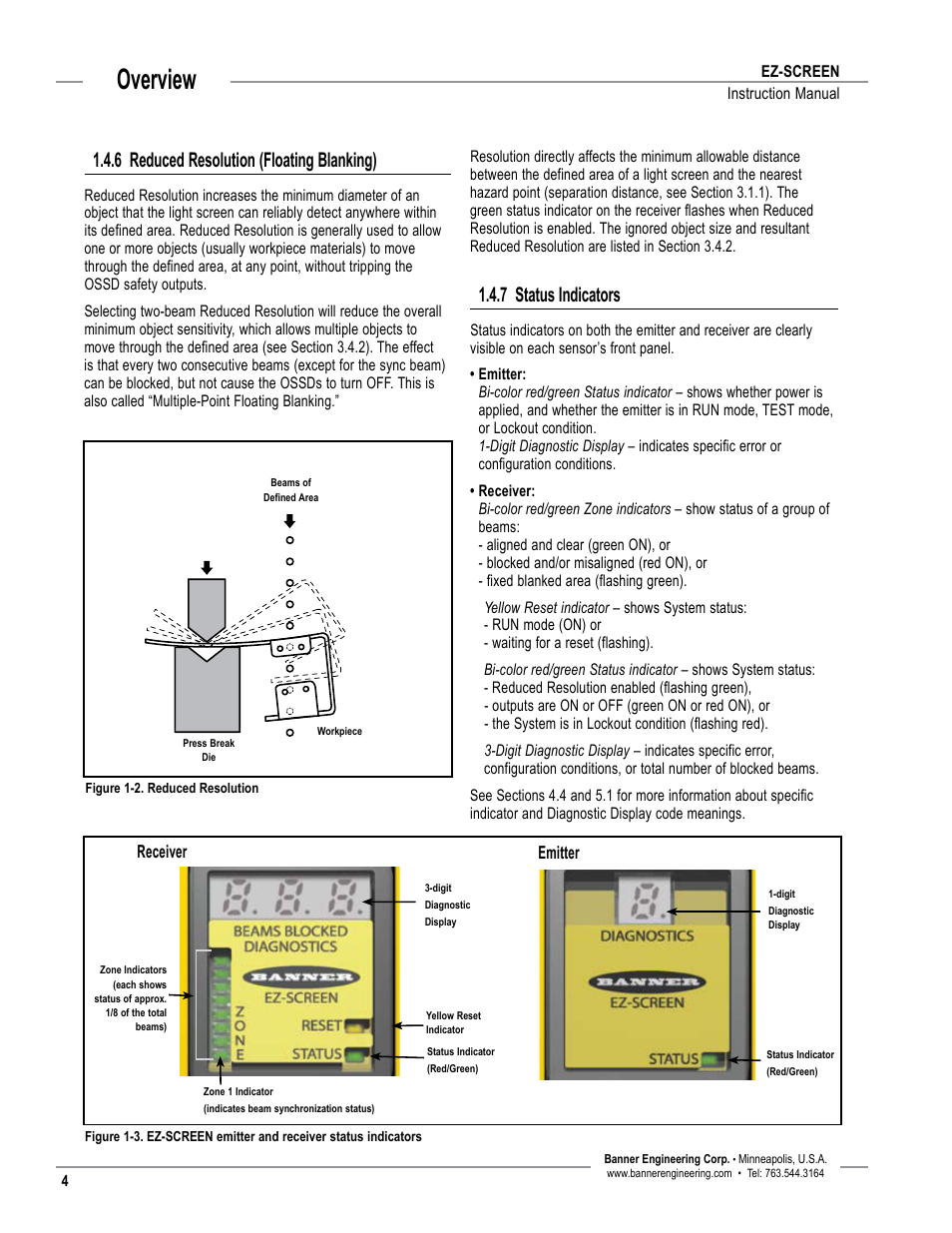 Overview, 6 reduced resolution (floating blanking), 7 status indicators | Banner EZ-SCREEN­ Safety Light Curtain Systems User Manual | Page 6 / 74