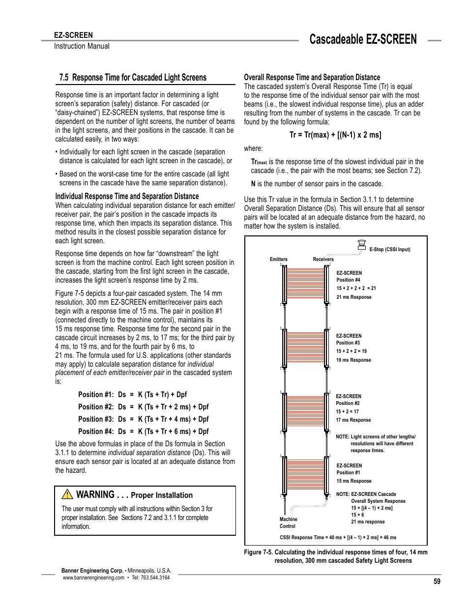 Overview, Cascadeable ez-screen, 5 response time for cascaded light screens | Warning | Banner EZ-SCREEN­ Safety Light Curtain Systems User Manual | Page 61 / 74