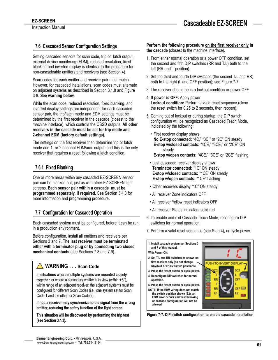 Overview, Cascadeable ez-screen, 6 cascaded sensor configuration settings | 1 fixed blanking, 7 configuration for cascaded operation, Warning | Banner EZ-SCREEN­ Safety Light Curtain Systems User Manual | Page 63 / 74