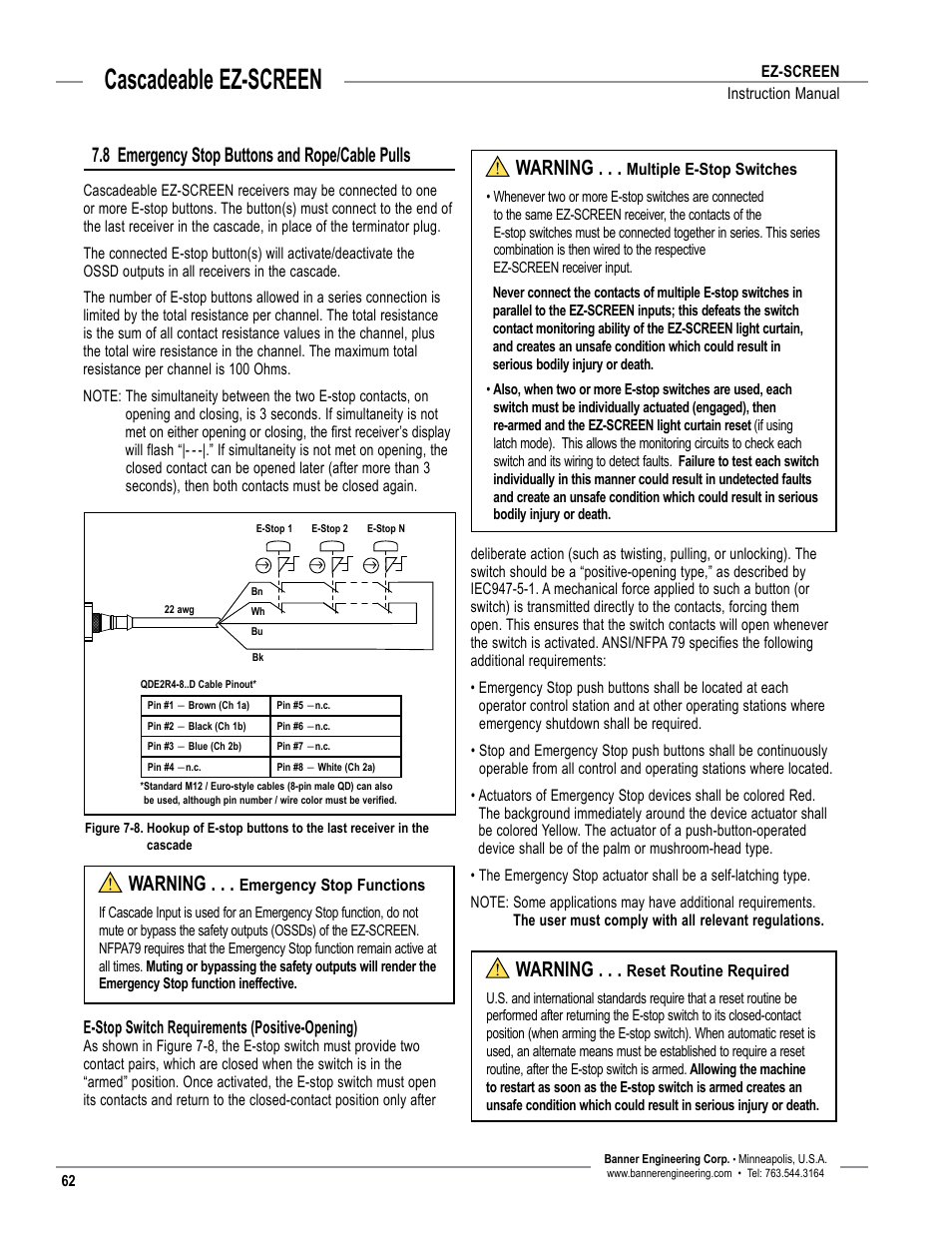 Overview, Cascadeable ez-screen, 8 emergency stop buttons and rope/cable pulls | Warning | Banner EZ-SCREEN­ Safety Light Curtain Systems User Manual | Page 64 / 74
