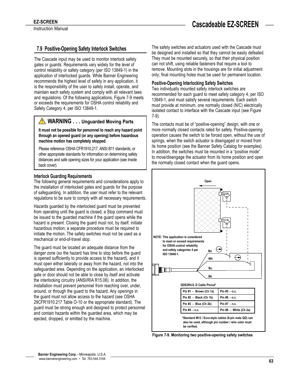 Overview, Cascadeable ez-screen, 9 positive-opening safety interlock switches | Warning | Banner EZ-SCREEN­ Safety Light Curtain Systems User Manual | Page 65 / 74