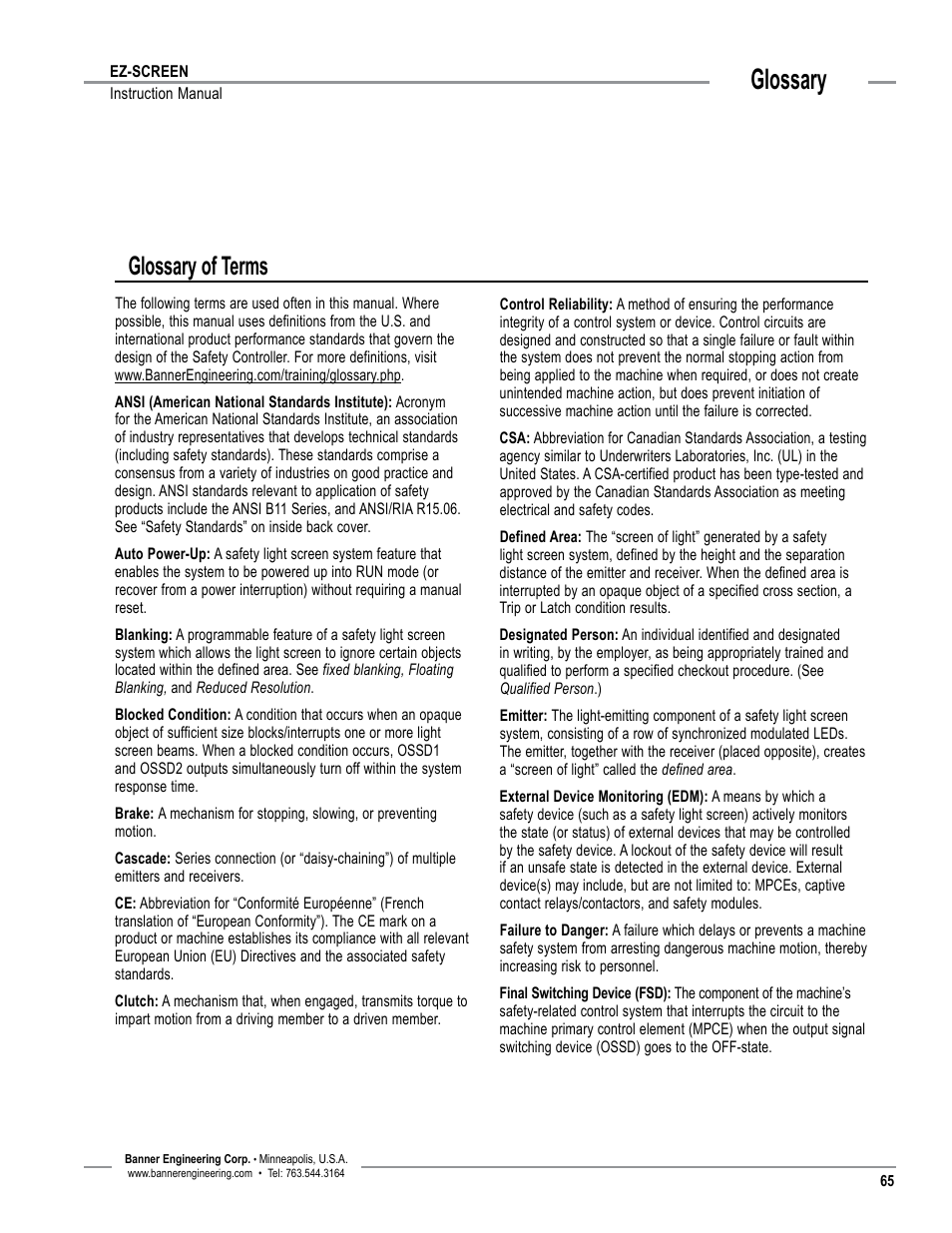 Overview, Glossary, Glossary of terms | Banner EZ-SCREEN­ Safety Light Curtain Systems User Manual | Page 67 / 74