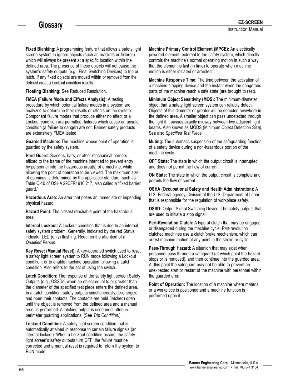 Overview, Glossary | Banner EZ-SCREEN­ Safety Light Curtain Systems User Manual | Page 68 / 74