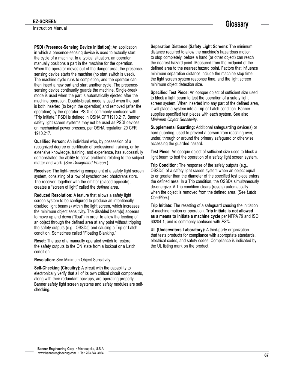 Overview, Glossary | Banner EZ-SCREEN­ Safety Light Curtain Systems User Manual | Page 69 / 74