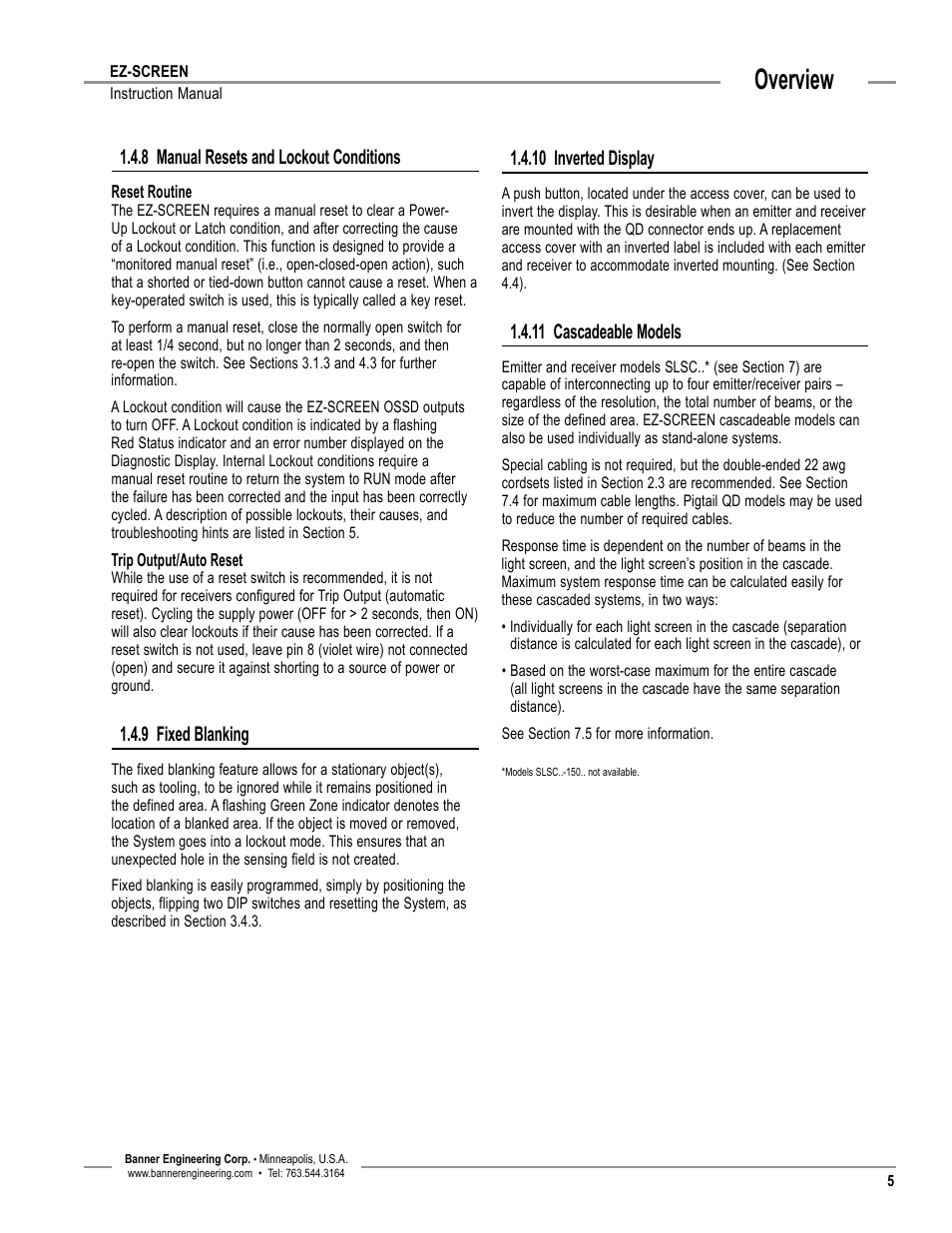Overview, 8 manual resets and lockout conditions, 9 fixed blanking | 10 inverted display, 11 cascadeable models | Banner EZ-SCREEN­ Safety Light Curtain Systems User Manual | Page 7 / 74