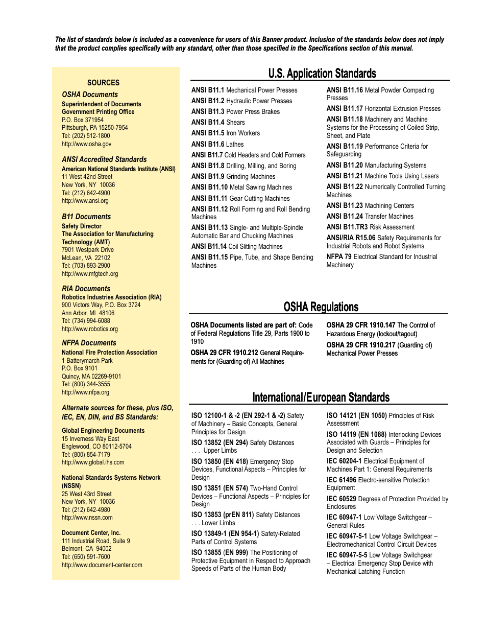 U.s. application standards, Osha regulations, International/european standards | Banner EZ-SCREEN­ Safety Light Curtain Systems User Manual | Page 73 / 74