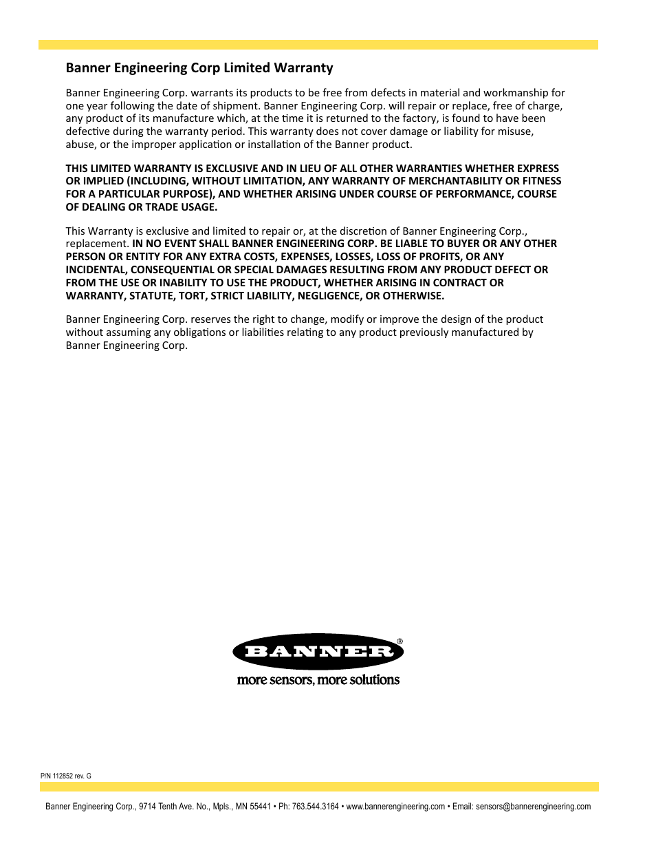 Banner engineering corp limited warranty | Banner EZ-SCREEN­ Safety Light Curtain Systems User Manual | Page 74 / 74