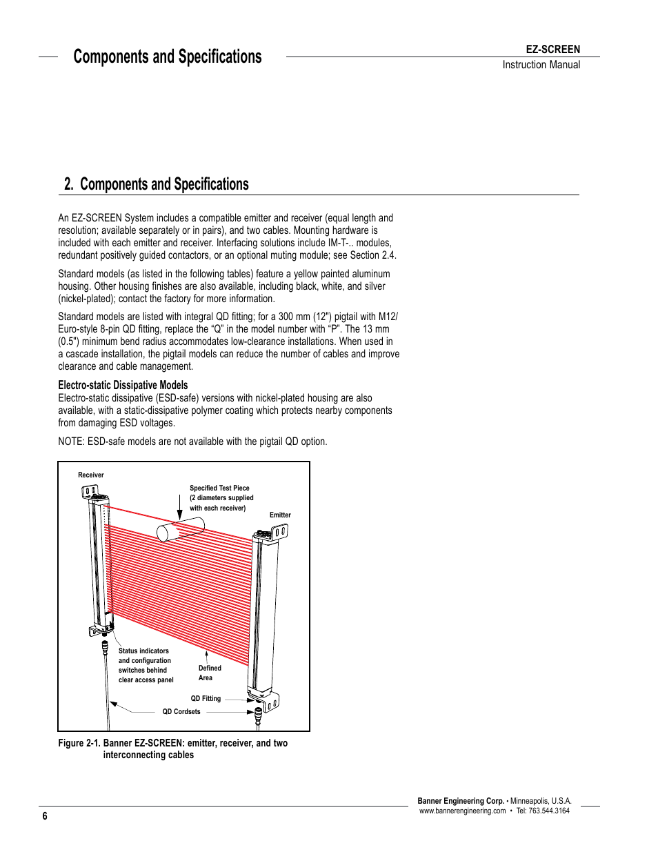 Overview, Components and specifications, Electro-static dissipative models | Banner EZ-SCREEN­ Safety Light Curtain Systems User Manual | Page 8 / 74