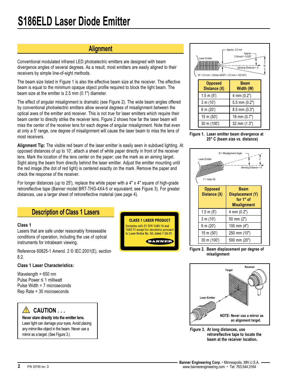 S186eld laser diode emitter, Alignment, Description of class 1 lasers | Caution | Banner S18 Series User Manual | Page 2 / 4