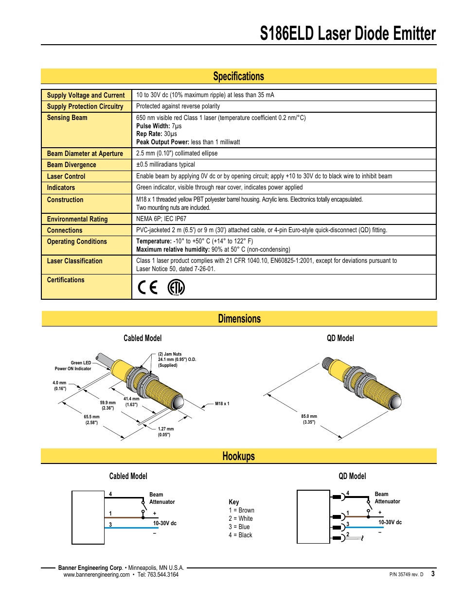 S186eld laser diode emitter, Specifications dimensions hookups, Cabled model qd model | Banner S18 Series User Manual | Page 3 / 4