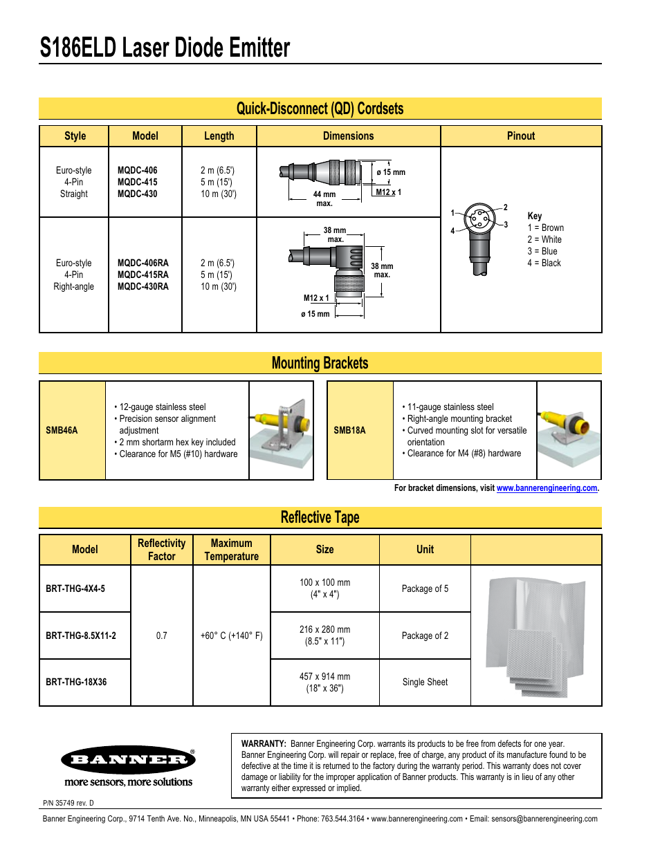 S186eld laser diode emitter, Mounting brackets, Quick-disconnect (qd) cordsets | Reflective tape | Banner S18 Series User Manual | Page 4 / 4