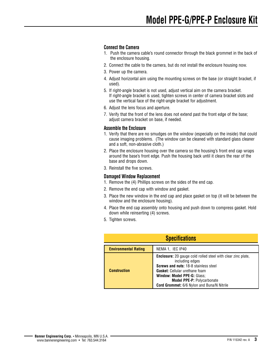 Model ppe-g/ppe-p enclosure kit, Specifications | Banner PPE-P PresencePLUS Pro Enclosures User Manual | Page 3 / 4