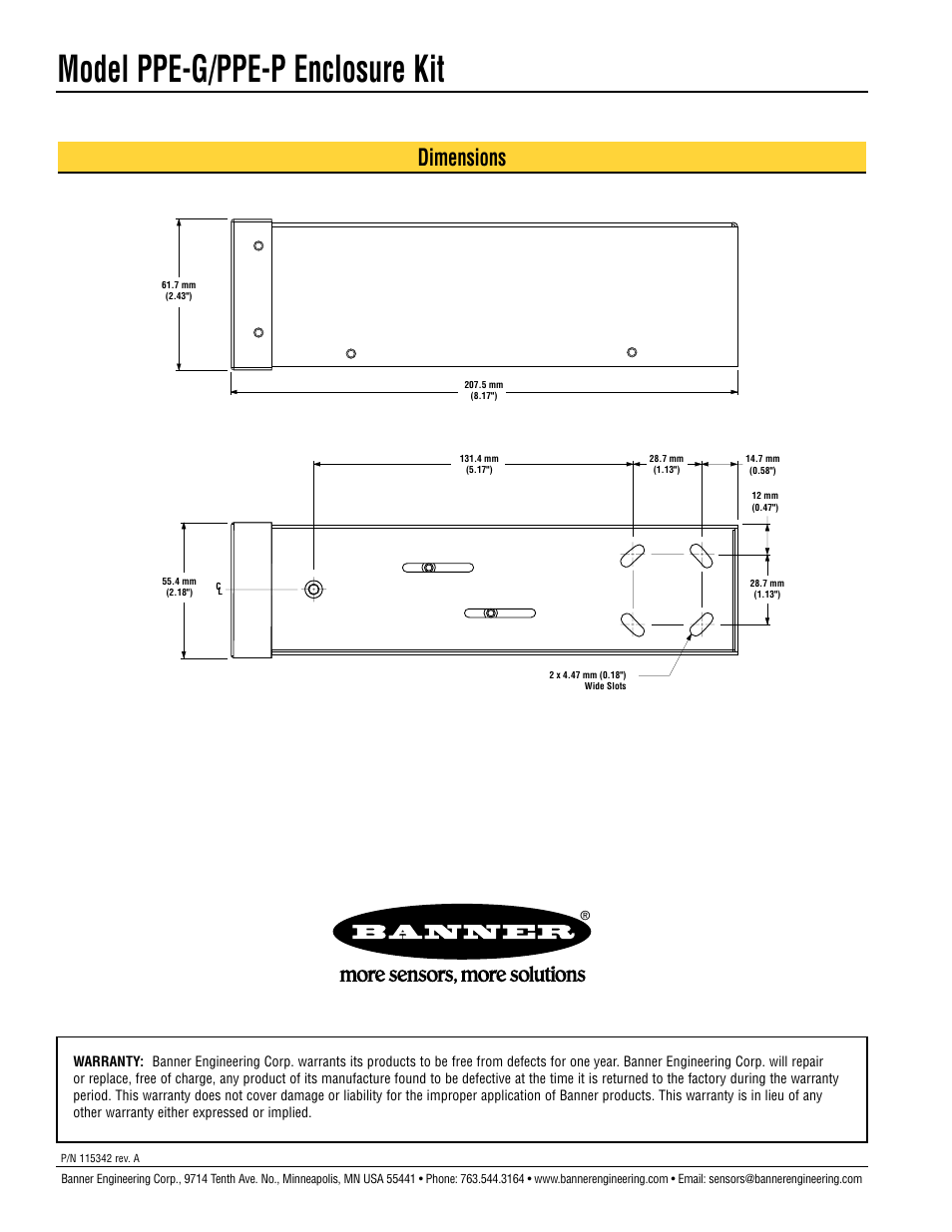 Model ppe-g/ppe-p enclosure kit, Dimensions | Banner PPE-P PresencePLUS Pro Enclosures User Manual | Page 4 / 4