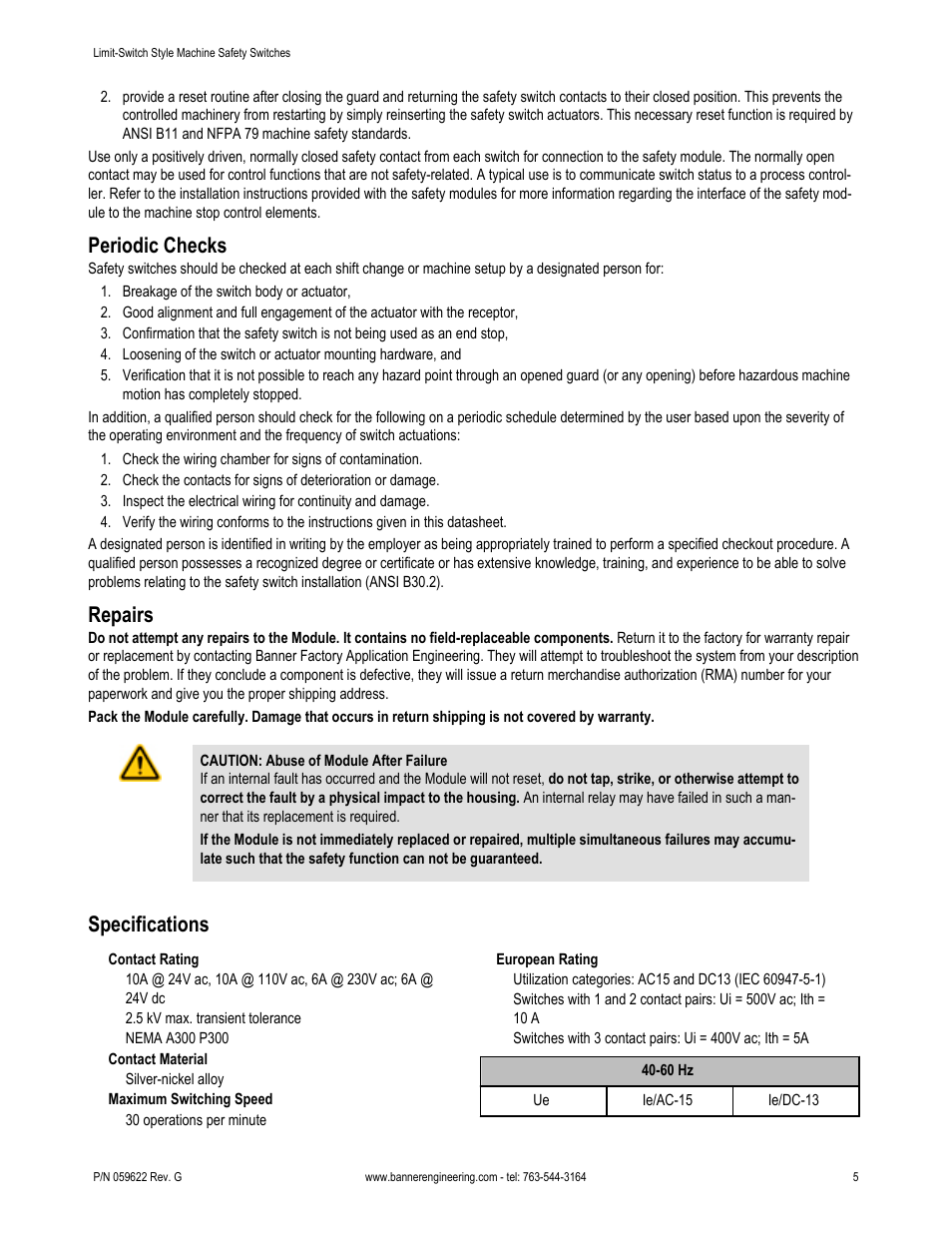 Periodic checks, Repairs, Specifications | Banner Compact Plastic Style Safety Interlock Switches User Manual | Page 5 / 8