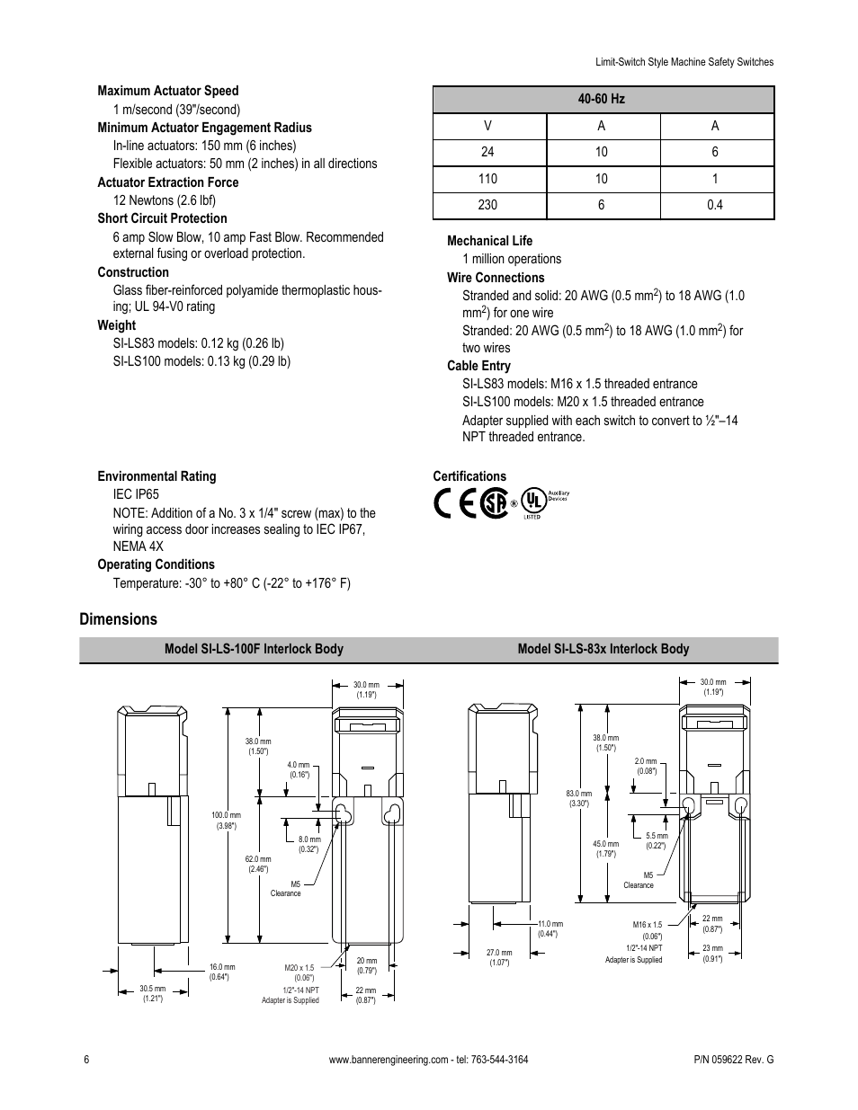 Dimensions | Banner Compact Plastic Style Safety Interlock Switches User Manual | Page 6 / 8