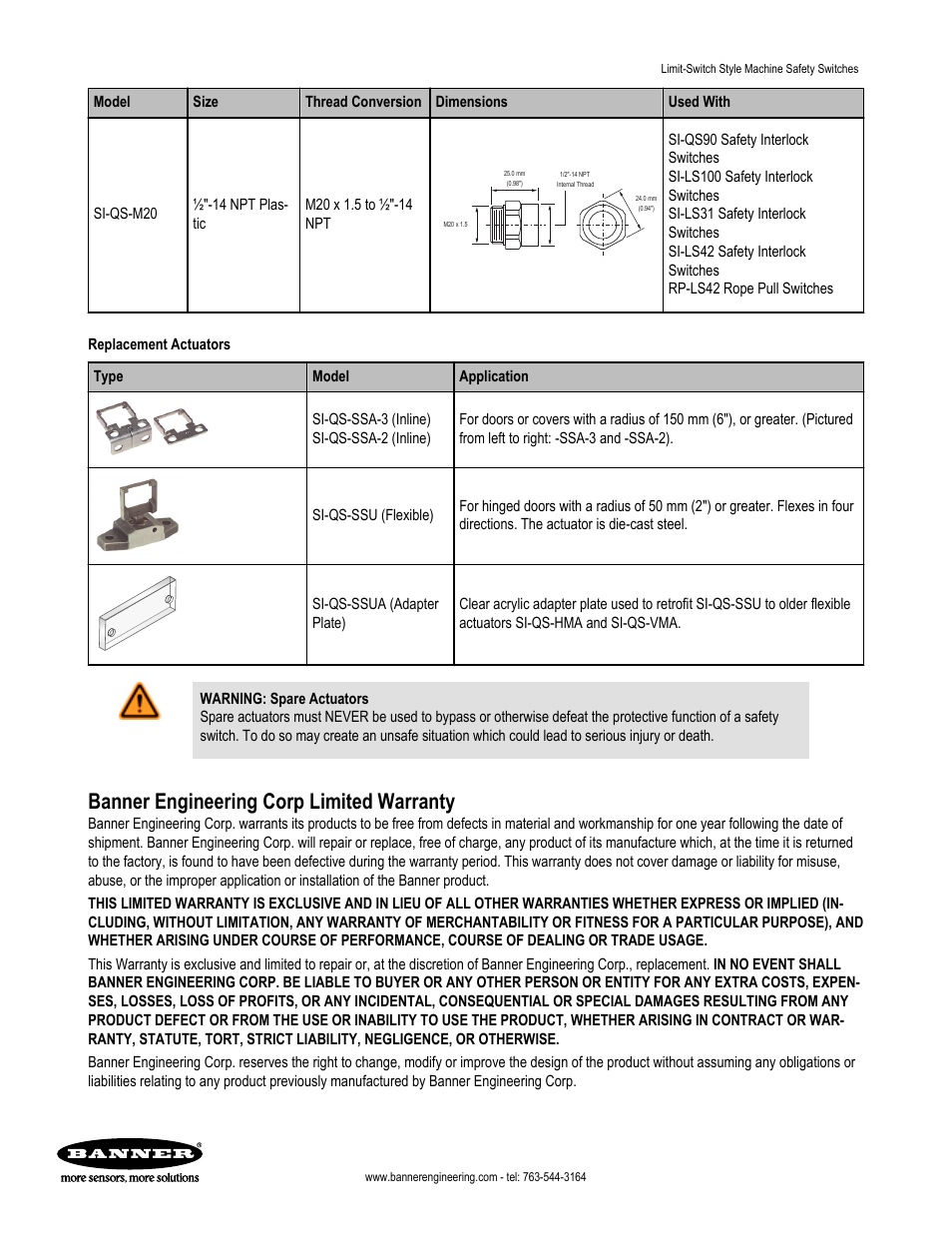 Banner engineering corp limited warranty | Banner Compact Plastic Style Safety Interlock Switches User Manual | Page 8 / 8