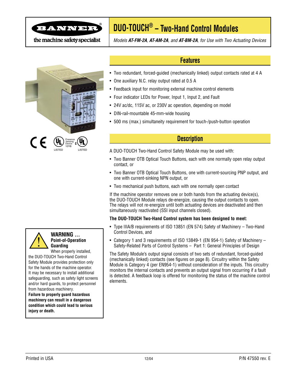 Banner DUO-TOUCH Two-Hand Control Modules User Manual | 12 pages
