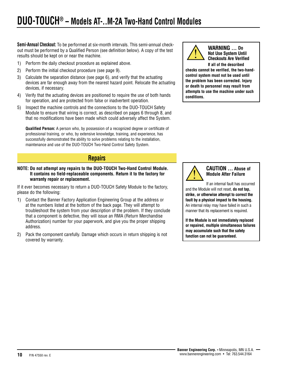 Duo-touch, Models at-..m-2a two-hand control modules, Repairs | Banner DUO-TOUCH Two-Hand Control Modules User Manual | Page 10 / 12