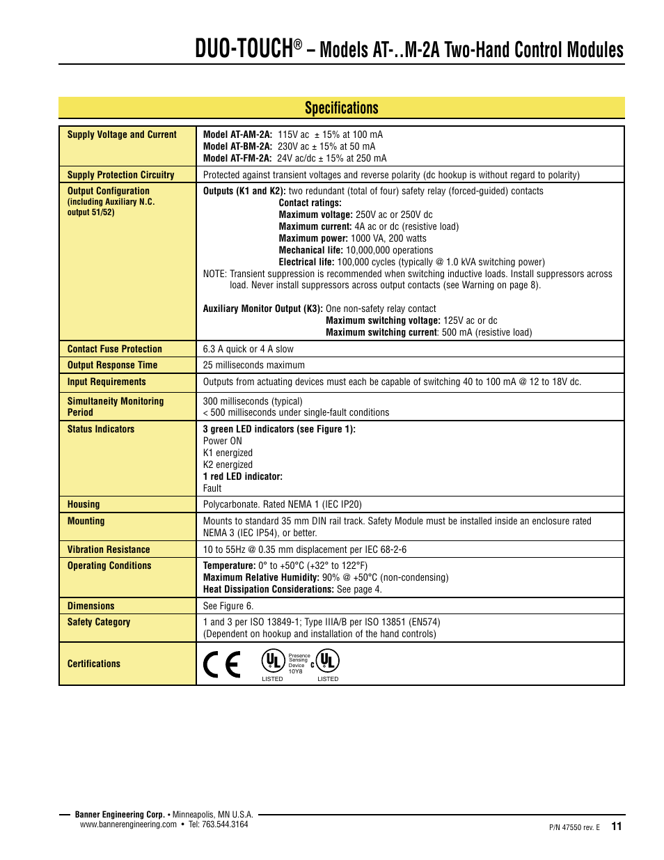 Duo-touch, Models at-..m-2a two-hand control modules, Specifications | Banner DUO-TOUCH Two-Hand Control Modules User Manual | Page 11 / 12