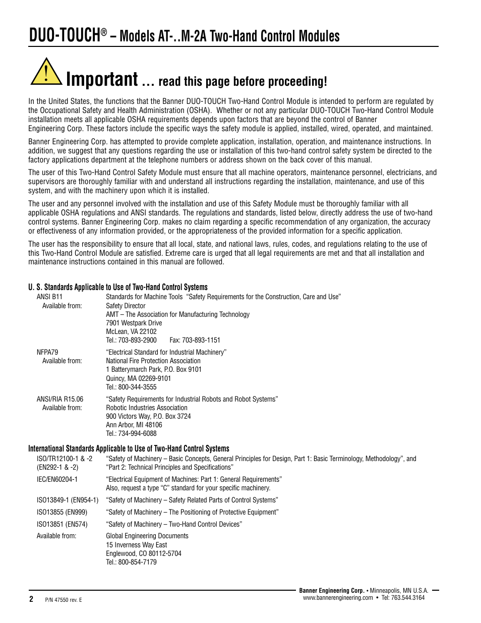 Important, Duo-touch, Models at-..m-2a two-hand control modules | Read this page before proceeding | Banner DUO-TOUCH Two-Hand Control Modules User Manual | Page 2 / 12